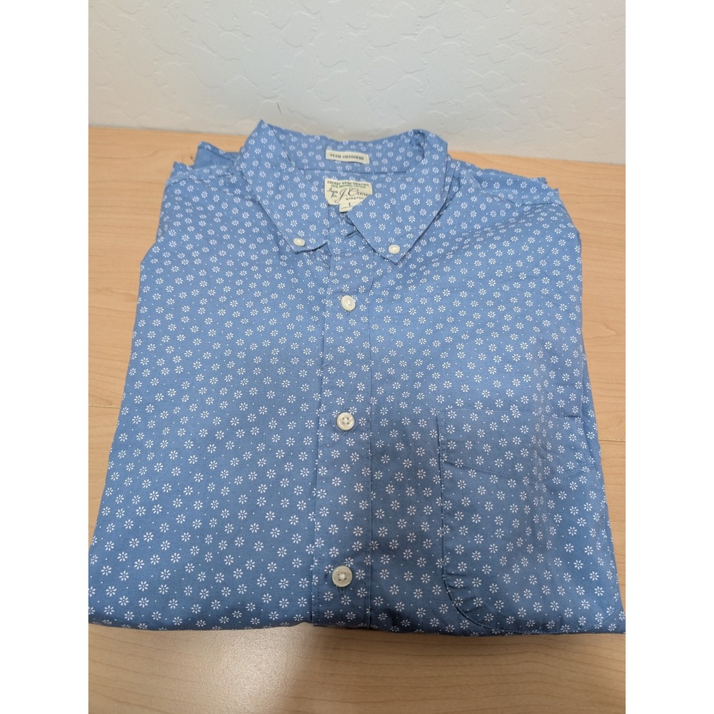 J. Crew Mens Large Slim Untucked Secret Wash Shirt Blue Floral Daisy Stretch L